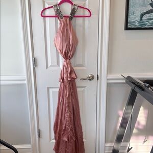 Carlos Miele Elegant Pink Satin Halter Gown with Silver Sequin
